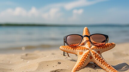 A Cool Star-Fish With Sunglasses in a Hot Day of Summer. Yellow Healthy Star-Fish in a Exotic Landscape.
