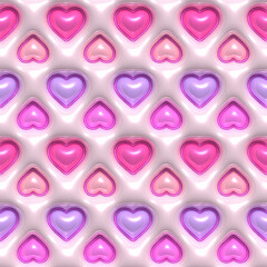 Pink 3D Inflated Puffy Hearts. Seamless Tileable Pattern.