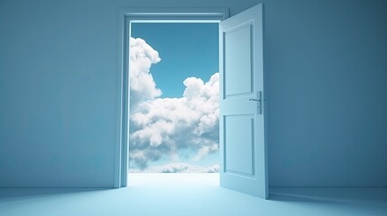 3d render, abstract background, blue closed door in the sky with white clouds, heaven afterlife concept 