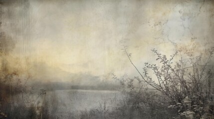  a painting of a foggy lake with trees in the foreground.  generative ai