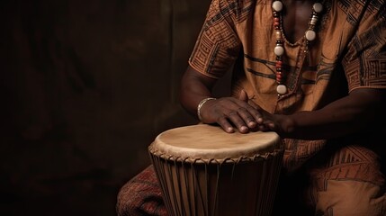 A man playing an ethnic percussion musical instrument jembe. Drummer playing african music 