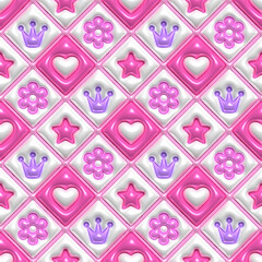 Pink 3D Inflated Puffy Princess Seamless Tileable Pattern.