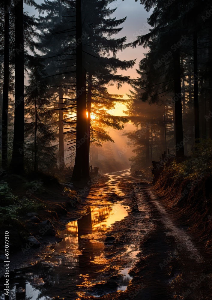 Wall mural a portrait of a forest next to a little river dark forest while the sun is setting. an orange and pi