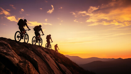 Fototapeta na wymiar Low angle view of row of cross country bikers traveling in mountain landscape at sunset