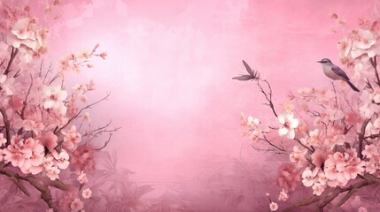  a painting of a bird sitting on a branch with pink flowers.  generative ai
