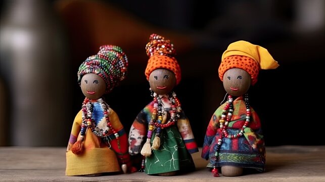 African unique rag dolls in traditional handmade colorful beads and fabrics clothes. Craftsmanship. African fashion. Local craft market in South Africa. Ethnic costume of tribe Sesotho, Basotho. 