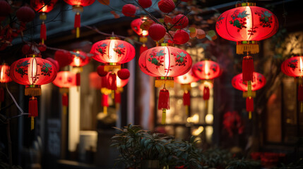 The street is decorated with Chinese lanterns to celebrate the New Year. Typical decorations to...