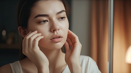Beauty and skincare. Upset young woman looking in mirror and touching face, examining wrinkles and dark circles under her eyes at home, copy space. Dull tired skin concept 