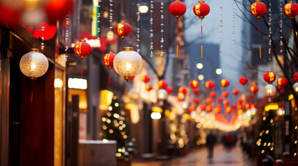 The street is decorated with Chinese lanterns to celebrate the New Year. Typical decorations to welcome the Chinese New Year. - obrazy, fototapety, plakaty