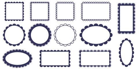 Collection of Scallop black line and silhouette frame. Sale tags in different shapes square, circle and oval. Vector illustration set - obrazy, fototapety, plakaty