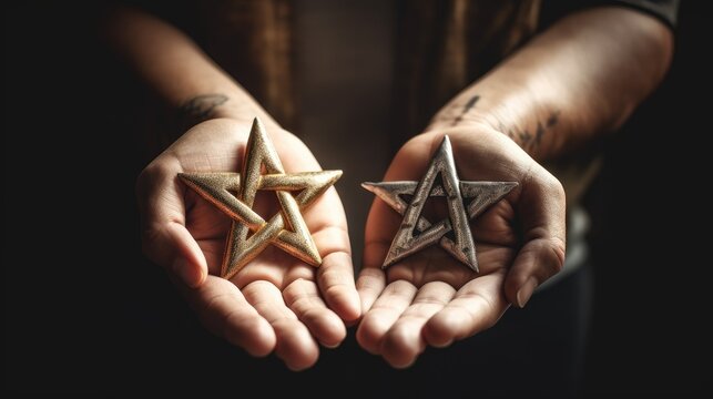 Christianity, Islam, Judaism 3 monotheistic religions. Jewish Star, Cross and Crescent : Interreligious symbols in hands. Religious and faith concept. 