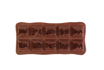 Milk chocolate bar with filling and decorated with crumbs isolated on white background.