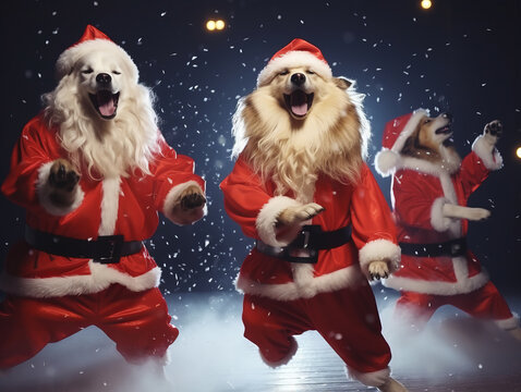 Dogs in Santa Claus costumes dance a retro dance Bugel Vugel against a background of snowflakes. It is snowing. Funny and cheerful dance christmas concept.