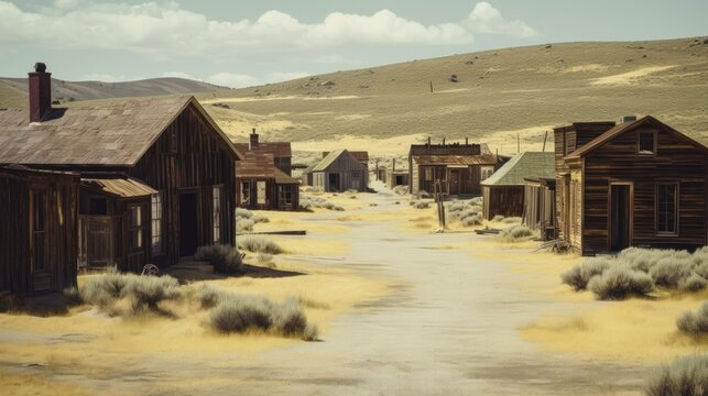 Colored vintage old looking photo of empty streets of abandoned ghost town Bodie in California, USA in the middle of a day. 
