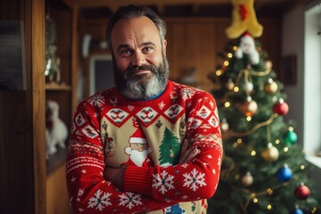Portrait of adult man wearing in Ugly Christmas sweater at home interior near Christmas tree . Traditional Ugly sweater Day.