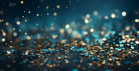 Dark blue and gold particle golden light shine particles abstract background. Sapphire glitter bokeh unfocused shimmer royal blue turquoise sparkle. . Сhristmas wrapping paper. 