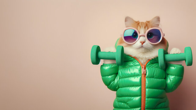 Funny ginger cat in a green jacket and sunglasses with dumbbells on a pink pastel background.