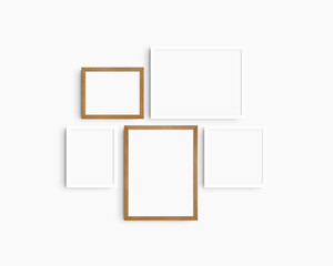Gallery wall mockup set, 5 white and cherry wood frames. Modern frame mockup. Horizontal, vertical, square frames, 12x16 (3:4), 16x12 (4:3), 8x10 (4:5), 10x8 (5:4), 10x10 (1:1) inches. White wall.