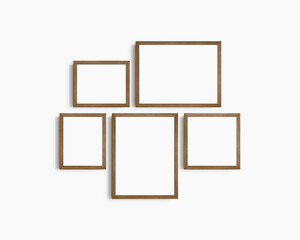 Gallery wall mockup set, 5 brown walnut wood frames. Modern frame mockup. Horizontal, vertical, square frames, 12x16 (3:4), 16x12 (4:3), 8x10 (4:5), 10x8 (5:4), 10x10 (1:1) inches. White wall.
