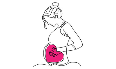 Continuous one-line drawing of a Beautiful Pregnant Woman with heart icon.Happy Pregnant Woman hand-drawn line art vector concept of Happy mother, woman, pregnancy Vector illustration.