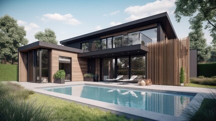 Fototapeta premium Design house - modern villa with open plan living and private bedroom wing. Large terrace with privacy thanks to the house, swimming pool. Small covered terrace for sauna and relaxation. 