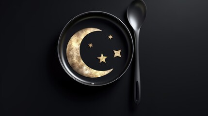 Eid Moon concept. Fry pan and half moon. Happy Ramadan concept. restaurant and Food day concept black background, banner, ad, card, and poster. 