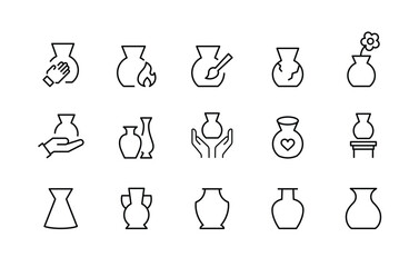 Pottery icon collection. Containing vases, broken, ceramics, Antique Ceramic flower vase icons line set editable stroke isolated on white, linear vector outline illustration, Clay studio tools symbol - obrazy, fototapety, plakaty