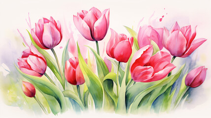 Red And Pink Tulip Elegance Realistic Watercolor with Ink and Pencil Accents.