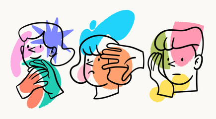 Outline human portraits. Various emotions, hand positions. Abstract colorful shapes on background. Hand drawn trendy Vector illustration. Isolated design elements. Different mood concept