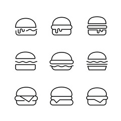 Burger Hamburger icons set. illustration web site line editable stroke icon, meat, beef, food, lettuce, sandwich, meal, grilled, tomato, bun, snack, onion, cheese outline symbol. Fast food vector.
