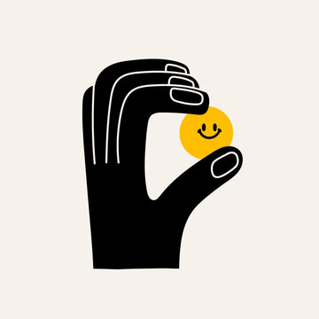 Abstract black Hand holding tiny round smiley face. Happy emotion. Hand drawn trendy Vector illustration. Cartoon style. Isolated design element. Poster, icon, print, logo template