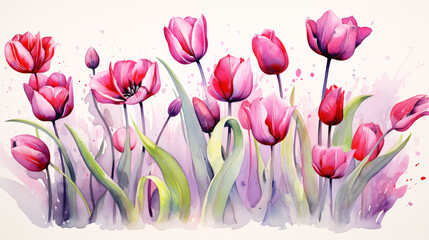 Red And Pink Tulip Elegance Realistic Watercolor with Ink and Pencil Accents.