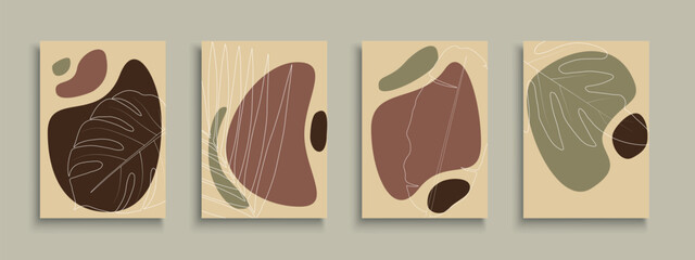 Set of art elegant hand drawn nature covers, templates, placards, brochures, banners, flyers and etc. Color contour backgrounds, postcards, posters, invitation, tags. Fashion cards with drawing leaves