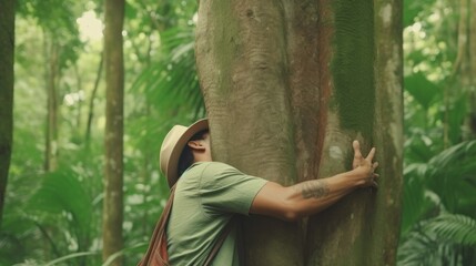 Nature lover hugging trunk tree with green musk in tropical woods forest. Green natural background. Concept of people love nature and protect from deforestation or pollution or climate change  - obrazy, fototapety, plakaty