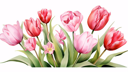 Red And Pink Tulip Elegance Realistic Watercolor with Ink and Pencil Accents.