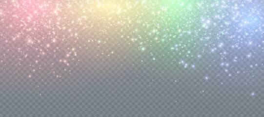 Light bokeh of rainbow dust. Christmas glowing bokeh and glitter overlay texture for your design on a transparent background. Rainbow particles abstract vector background. - obrazy, fototapety, plakaty