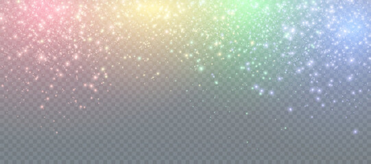 Light bokeh of rainbow dust. Christmas glowing bokeh and glitter overlay texture for your design on a transparent background. Rainbow particles abstract vector background.