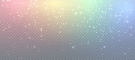 Light bokeh of rainbow dust. Christmas glowing bokeh and glitter overlay texture for your design on a transparent background. Rainbow particles abstract vector background.