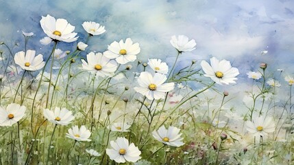  a painting of a field of white flowers with a blue sky in the background.  generative ai