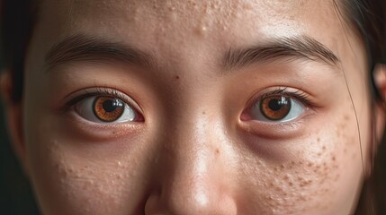 portrait the flabbiness adipose sagging skin under the eyes, ptosis beside the eyelid, blemish and freckles on the face, problem wrinkle and dark spots on the facial of the woman, concept health care.