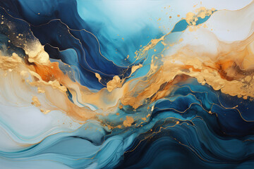 Abstract blue wave with gold lines watercolor texture painting, Generative Ai - obrazy, fototapety, plakaty