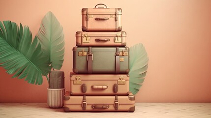  a stack of suitcases sitting next to a palm tree.  generative ai