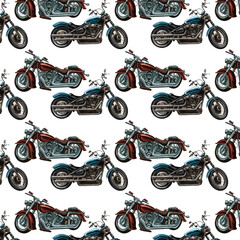 Pattern of different motorcycles. Watercolor drawing isolated on white background.