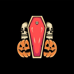 Pumpkin And Coffin Retro Illustration