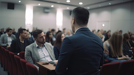 Speaker giving a talk in conference hall at business event. Rear view of unrecognizable people in audience at the conference hall. Business and entrepreneurship concept. 