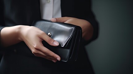 Stressed, Problem business person woman holding and open empty wallet, purse no have money for bill payment, credit card loan or expense. Bankruptcy, bankrupt or debt financial, mortgage concept. 