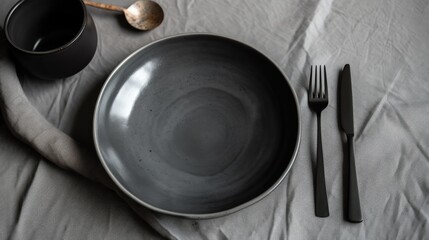 Top view of ceramic plate with spoon and napkin near fork placed on gray surface at kitchen table for meal 