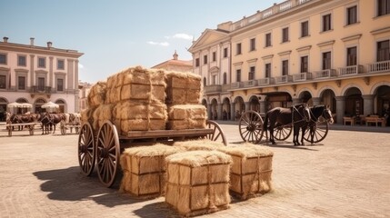 Town square as a western movie set. Spaghetti western. Cart loaded with straw bales. Travel concept  - obrazy, fototapety, plakaty
