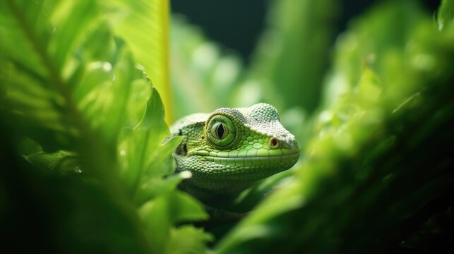 An image of a green lizard in the leaves, AI
