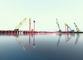 Berth construction. The scene of the construction of a berth with a pile foundation and equipment (floating and crawler crane, pontoon, drilling rig, vibration loader.  3d-rendering
